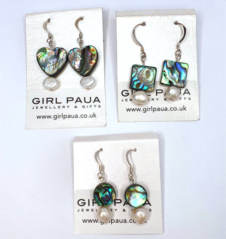 Paua Shell and Freshwater Pearl Earrings - by Mhairi Sim - Girl Paua